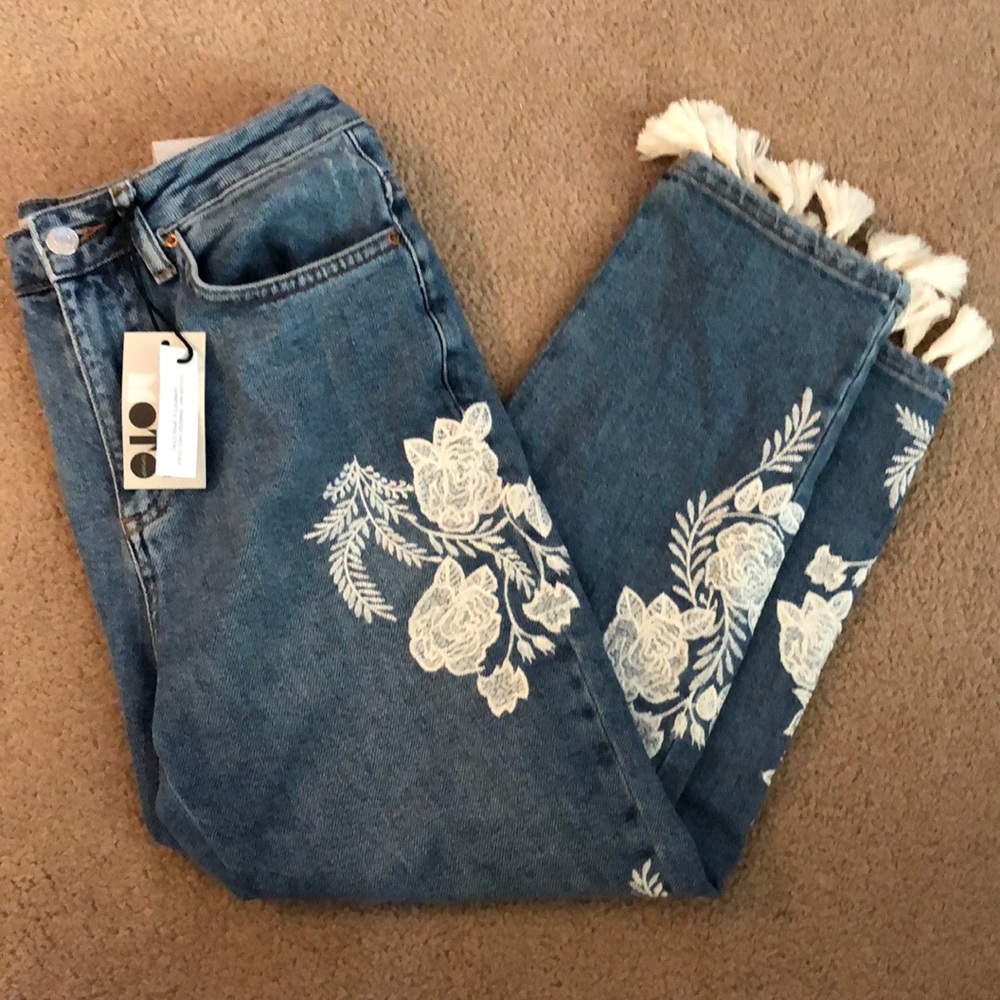 Topshop Moto Straight Embroidered Jeans